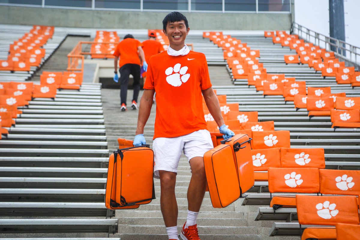 ClemsonMTennis's tweet photo. Spent some time this morning helping place seats in Memorial Stadium! Always happy to help our fellow Tigers and looking forward to watching @ClemsonFB kick off their season tonight🐾🐾 https://t.co/9ckH9HaSn3