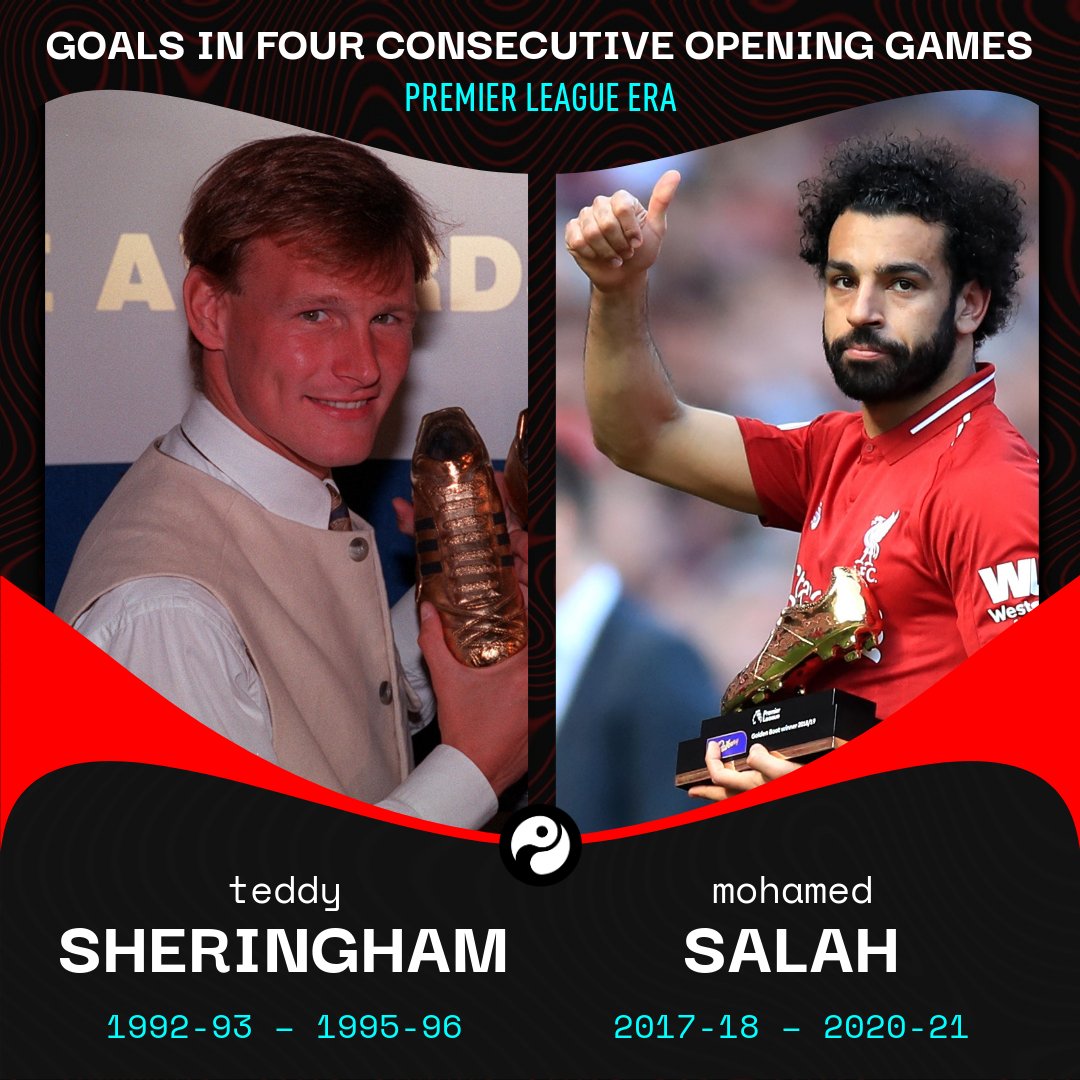 Squawka's tweet photo. Only two players have scored on the opening weekend in four consecutive Premier League seasons:

✅ Teddy Sheringham
✅ Mohamed Salah

Raising the curtains. 🎭 https://t.co/EBlSCjK6XI
