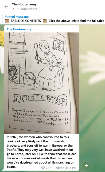 10/ In a series of August posts on The Hootenanny, he posted a photographs of a 1948 cookbook, written by the women of what he noted was his "new town."