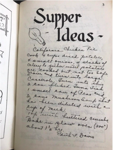11/ A closer look at the dishes reveals that they're signed with the names of the women who authored the recipes.This one, for California Chicken Pie, is signed by an "Edith Davis."