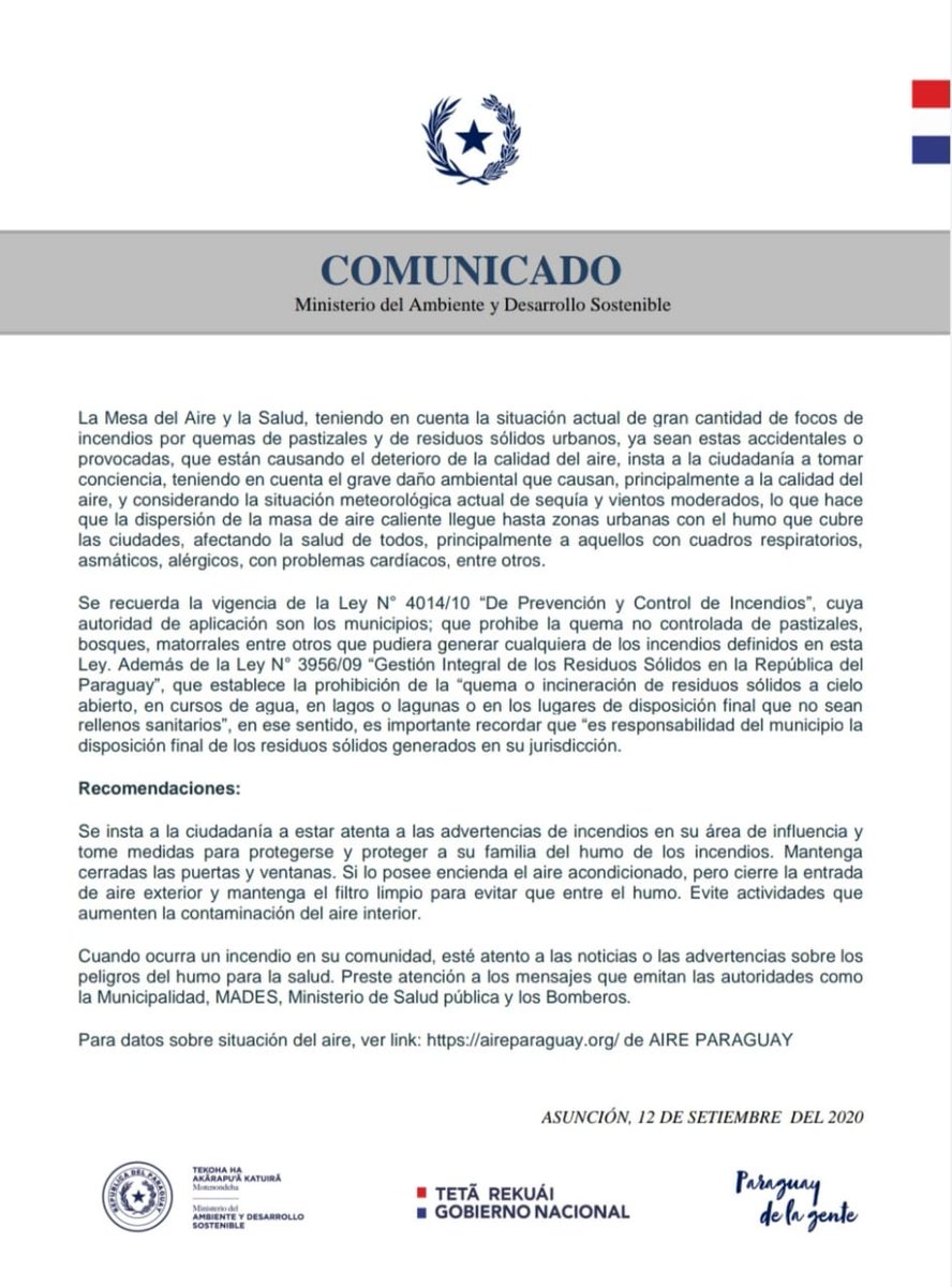 mambiente_py's tweet photo. Comunicado sobre la calidad del aire y los focos de incendios a nivel País y en la Región https://t.co/xRpacGOzzT @arieloviedo @adn_paraguayo @LaNacionPy @LaUnionAM @1000_am @NandutiTv @C9NParaguay https://t.co/qOMcPTc4pm
