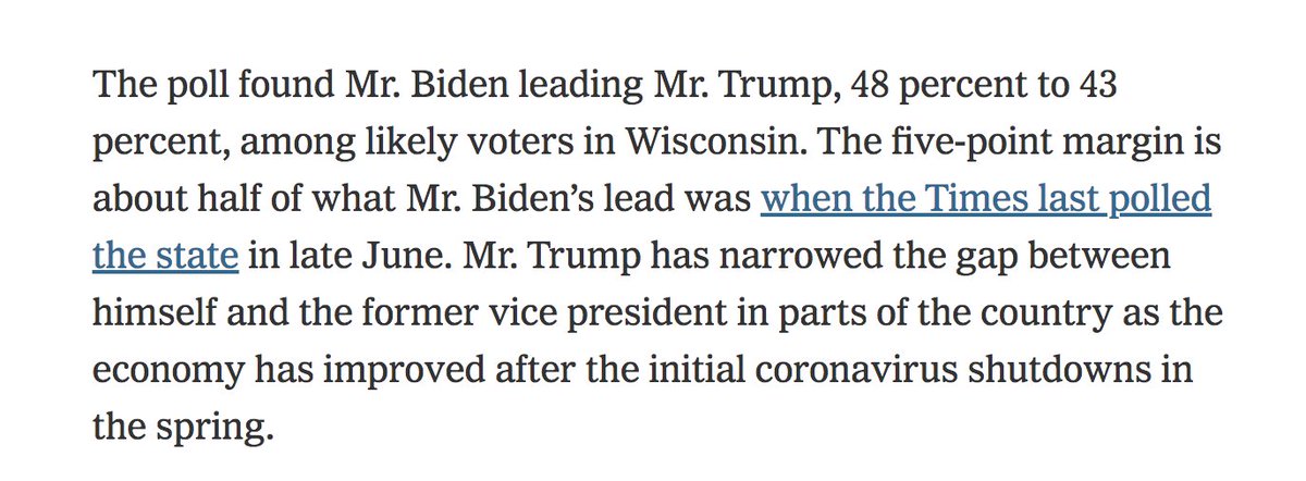 (Thread: 1/6)So, I hate to be critical of the NY Times, because I am a poll junkie and they're en route to providing a ton of it, for which I'm grateful.But I'm having a ton of problems with this passage from the writeup this morning on the new Siena/NYT polling in Wisconsin: