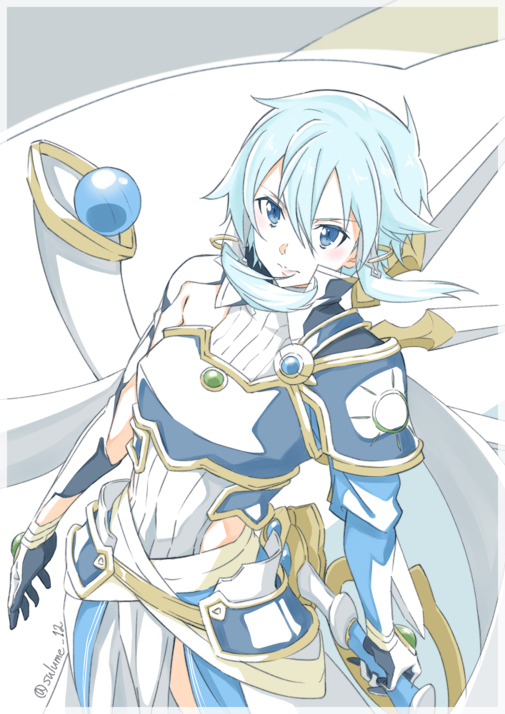 sinon 1girl blue eyes solo blue hair armor breastplate weapon  illustration images