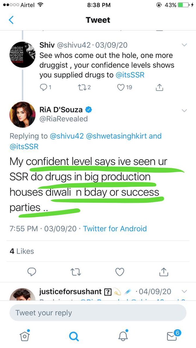 Why  #NCBSummonRia is needed Thread of confessional tweets by Andria Dsouza Q1) Which parties of Bollywood were drugs allowed in which Ria witnessed  https://twitter.com/riarevealed/status/1301521408191725568?s=12  https://twitter.com/riarevealed/status/1301758157862051840?s=12 https://twitter.com/riarevealed/status/1300806492744892416?s=12 https://twitter.com/riarevealed/status/1301526654519402496?s=12  @TajinderBagga