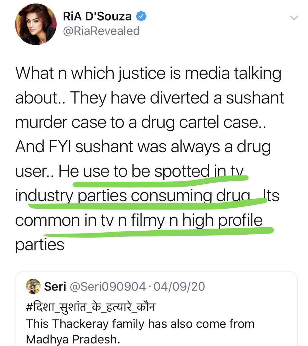 Why  #NCBSummonRia is needed Thread of confessional tweets by Andria Dsouza Q1) Which parties of Bollywood were drugs allowed in which Ria witnessed  https://twitter.com/riarevealed/status/1301521408191725568?s=12  https://twitter.com/riarevealed/status/1301758157862051840?s=12 https://twitter.com/riarevealed/status/1300806492744892416?s=12 https://twitter.com/riarevealed/status/1301526654519402496?s=12  @TajinderBagga