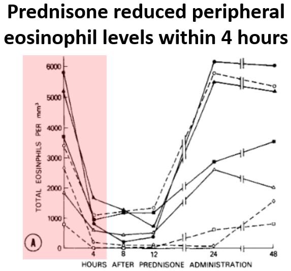 3/In the 1970s the effects of steroids on blood eosinophil levels were first studied. Prednisone led to marked declines in peripheral eosinophil counts within 4 hours.(bonus: the senior author on this paper was Dr. Anthony Fauci!) https://pubmed.ncbi.nlm.nih.gov/313411/ 