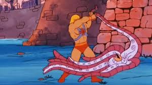 Fcsnva's tweet photo. Have always been struck by how much #HeMan owed to both #YoungSamson & #Mightor, both of which had elements borrowed by #Filmation from #HannaBarbera for the later show; and what happened to that land squid, such a cool monster, thrown over the horizon & never seen again. https://t.co/VSbPfE343W