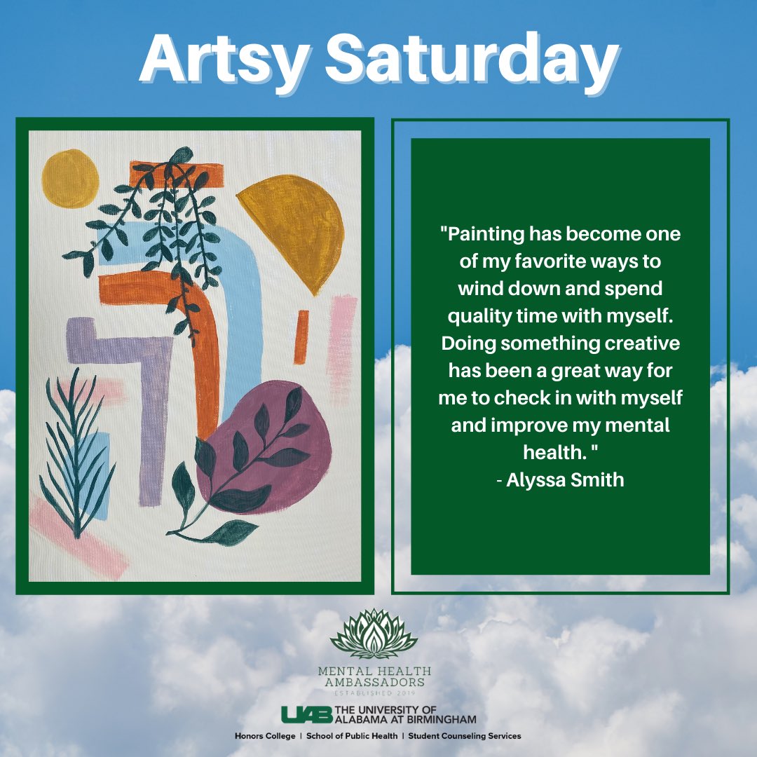 UABmha's tweet photo. For this week's showcase we are featuring Alyssa Smith along with her abstract art. "Painting has become one of my favorite ways to wind down and spend quality time with myself. I love it because it's as simple asscrolling on Pinterest and finding something that inspires me.“ https://t.co/Nf3a5uFp7X