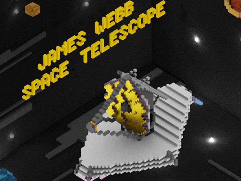 Digital 8-bit model of the James Webb Space Telescope, with accompanying text in 8-bit font that says "James Webb Space Telescope."
