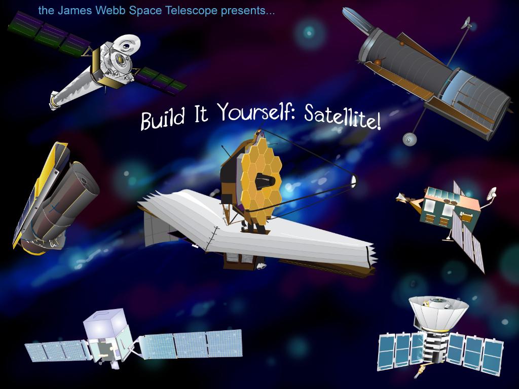 Cover art for the "Build It Yourself: Satellite!" game. Various satellites and telescopes are shown in space.