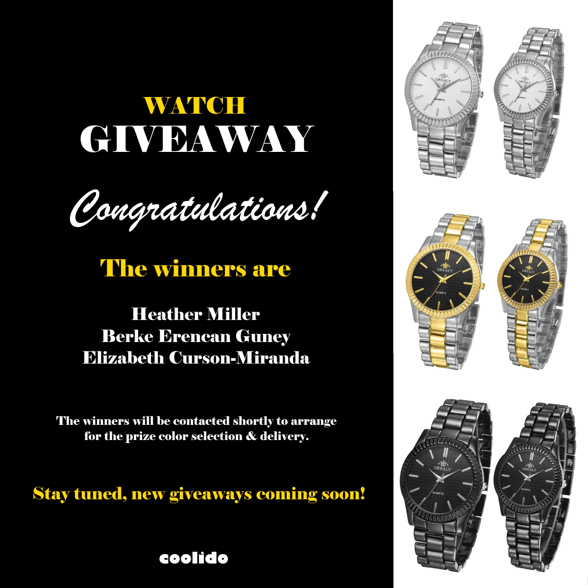 CoolidoShop's tweet photo. 🎉Congratulations to Heather Miller, @barbekusosberk &amp; @EBC3570! You each win a set of 2 watches!🎉

We will be contacting you shortly. Start thinking about what color set you want! 😀

Thank you everyone for participating. Stay tuned, more giveaways coming soon! https://t.co/vYsWLjX7wx