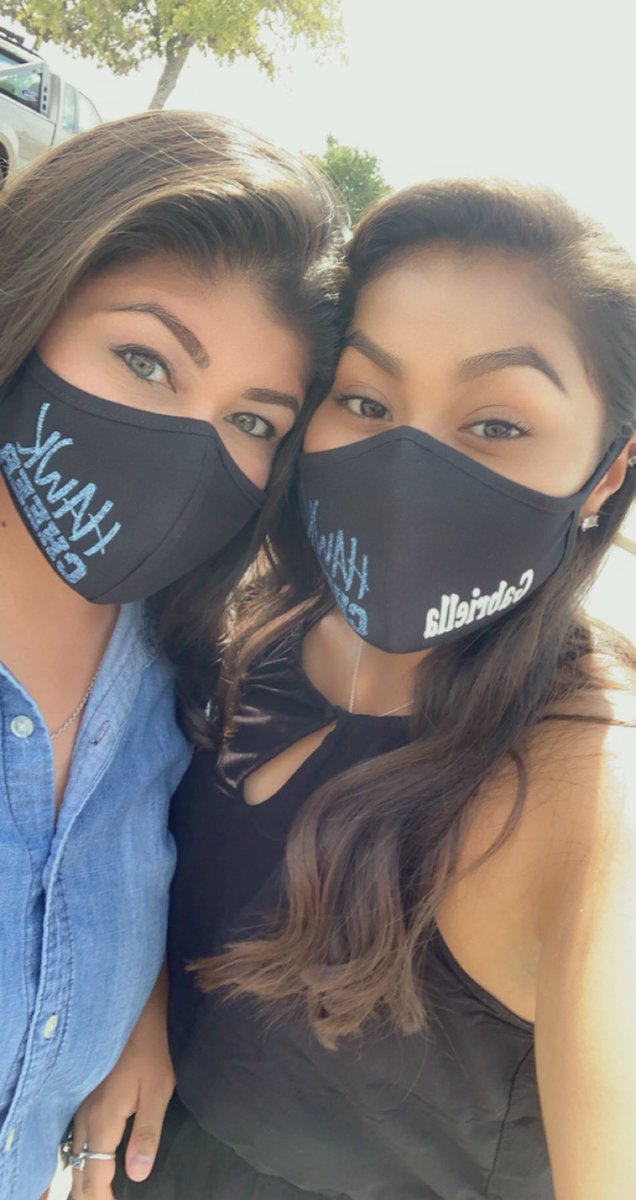 HarlanCheer's tweet image. Three weeks from today we will be back on the sidelines 🏈💙  Gabby and mom are game day ready! #HawkCheer #GameDayMasks