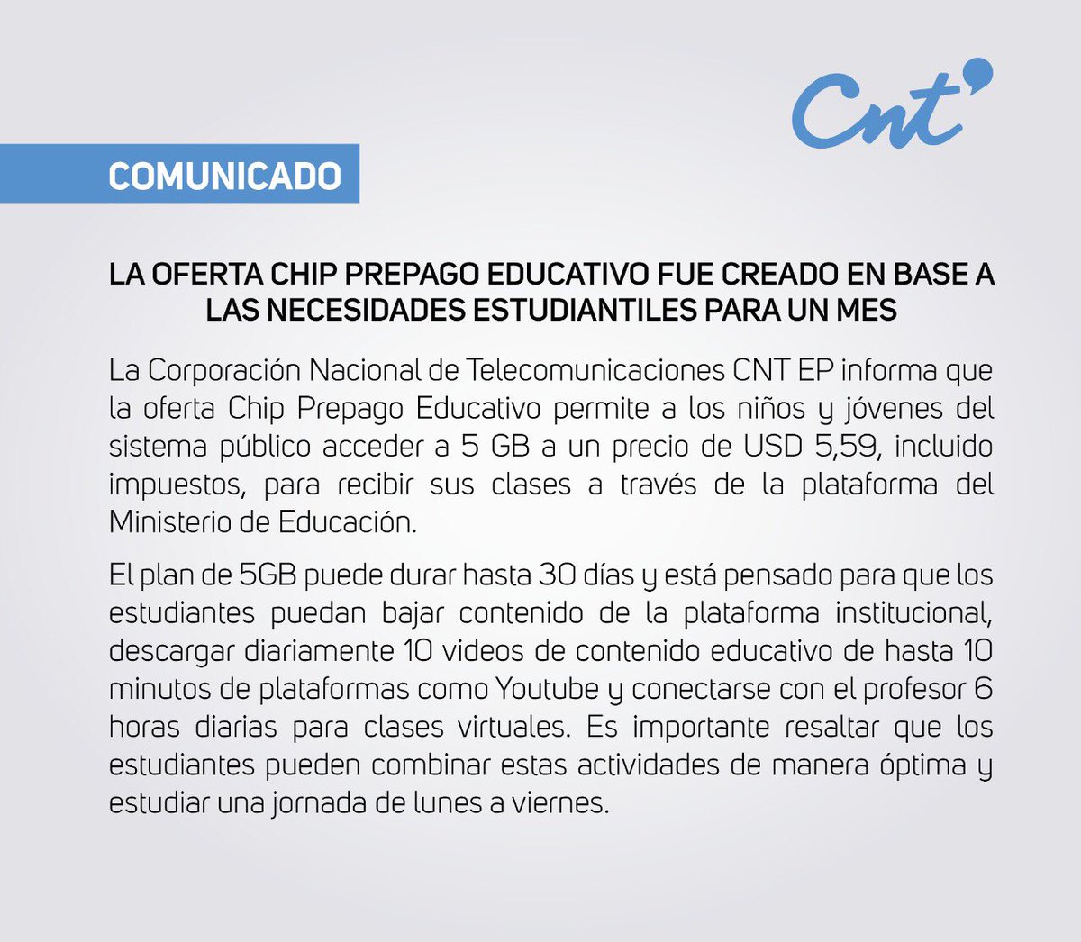 CNTinforma's tweet photo. COMUNICADO | El Chip Prepago Educativo puede durar hasta 30 días y permite al estudiante cumplir con su jornada de lunes a viernes. https://t.co/8JkOGe170U