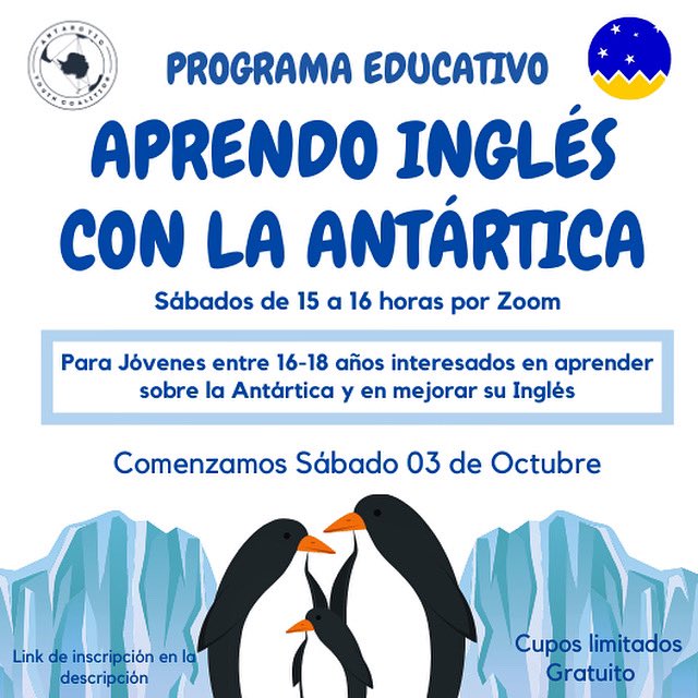 katiapuq's tweet photo. Aprendo #Inglés con la #Antártica 🇦🇶 Programa Educativo gratuito online que busca promover el conocimiento y la identidad antártica mientras se aprende Inglés. Para jóvenes entre 16 y 18 años. Más información e inscripciones en el link. 

Me ayudan con su rt ♥️ https://t.co/WqIGqT8bWp