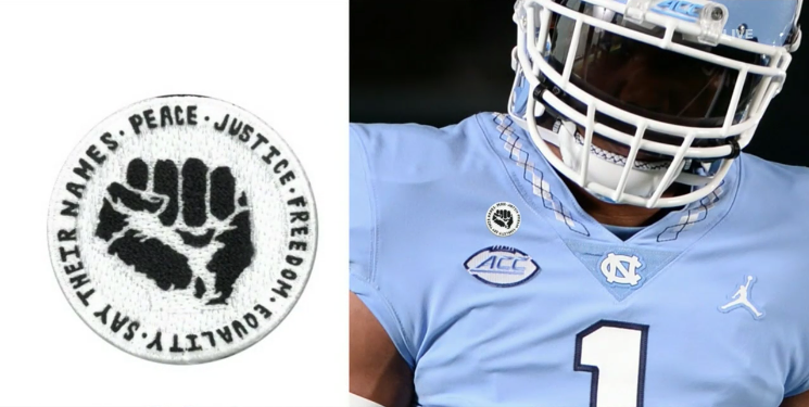 accnetwork's tweet image. Peace. Justice. Freedom. Equality. Say their names. 

@tomon_fox created a patch for @TarHeelFootball with a powerful message.