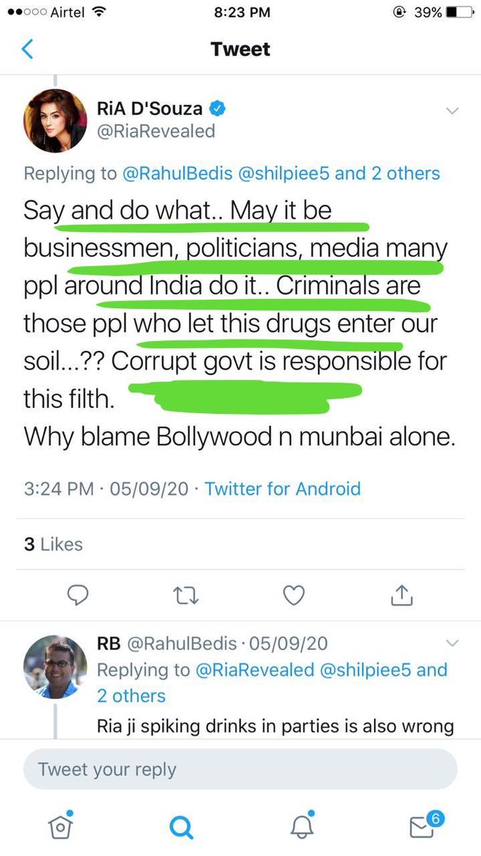 Shocking confession by Ria She also knows which politicians take drugs - she blames corrupt govt for drugs in Mumbai & Bollywood - she knows Maharashtra govt is supporting drugs ??? Law & order is state subject  #NCBSummonRia pls NOW https://twitter.com/riarevealed/status/1302183230729154560?s=12 @tajinderbagga