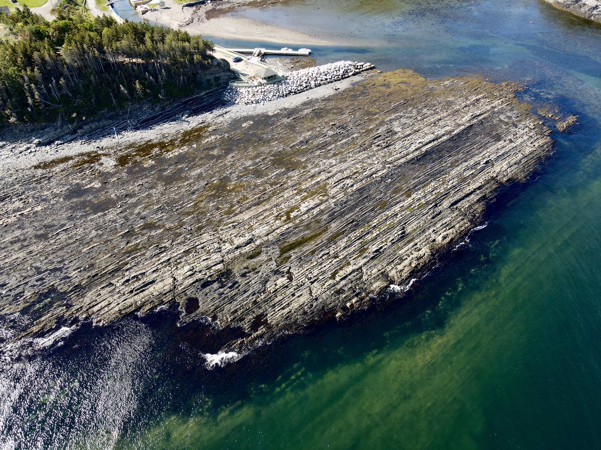 HBrommecker's tweet photo. Steeply dipping turbidites and hybrid event beds of the Cloridorme Formation. 🤩 You can see the alternating sand and shale packages! Thanks to #Rubythedrone for capturing this sweet photo. #Fieldwork #Turbidites https://t.co/PgL4Thg2Xi