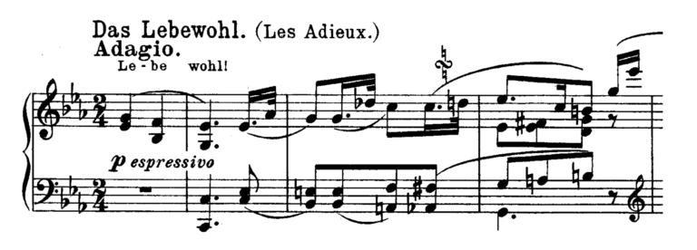 4/ Beethoven wrote the three syllables "Le-be-wohl!" over the opening horn-call motif, which forms an interrupted cadence (fare-thee-well), before becoming a unifying element for the whole movement, finally disappearing into the distance as the stagecoach departs at its end.