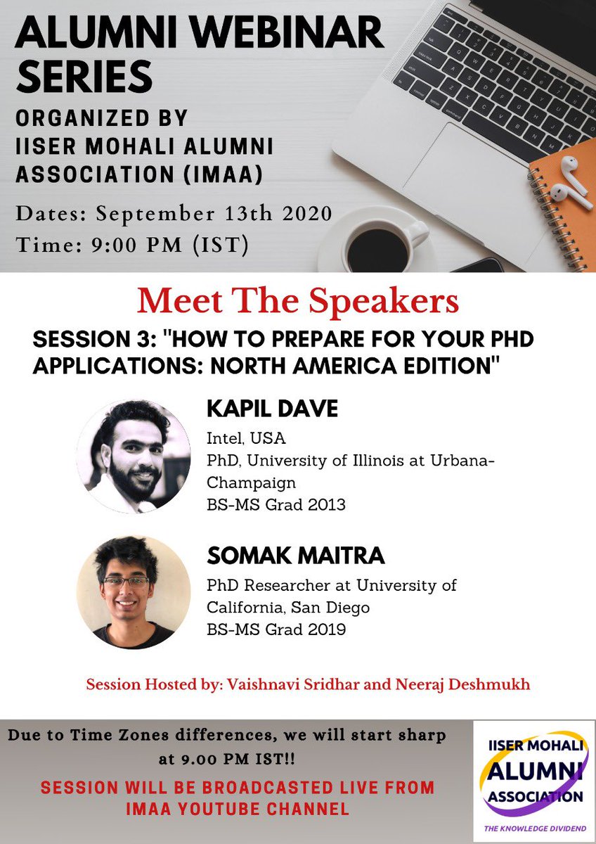 IISERM Alumni (@iisermalumni) on Twitter photo Thank you all for joining today’s talk on “How to apply for PhD in North American Universities?”
Tomorrow we’ll have Kapil (MS08) who was a Chem Major & Somak (MS19), a recent <a href="/IiserMohali/">IISER Mohali</a> graduate share their experience of applying to PhD programs in #USA #AlumniWebinarSeries Thank you all for joining today’s talk on “How to apply for PhD in North American Universities?”
Tomorrow we’ll have Kapil (MS08) who was a Chem Major & Somak (MS19), a recent <a href="/IiserMohali/">IISER Mohali</a> graduate share their experience of applying to PhD programs in #USA #AlumniWebinarSeries