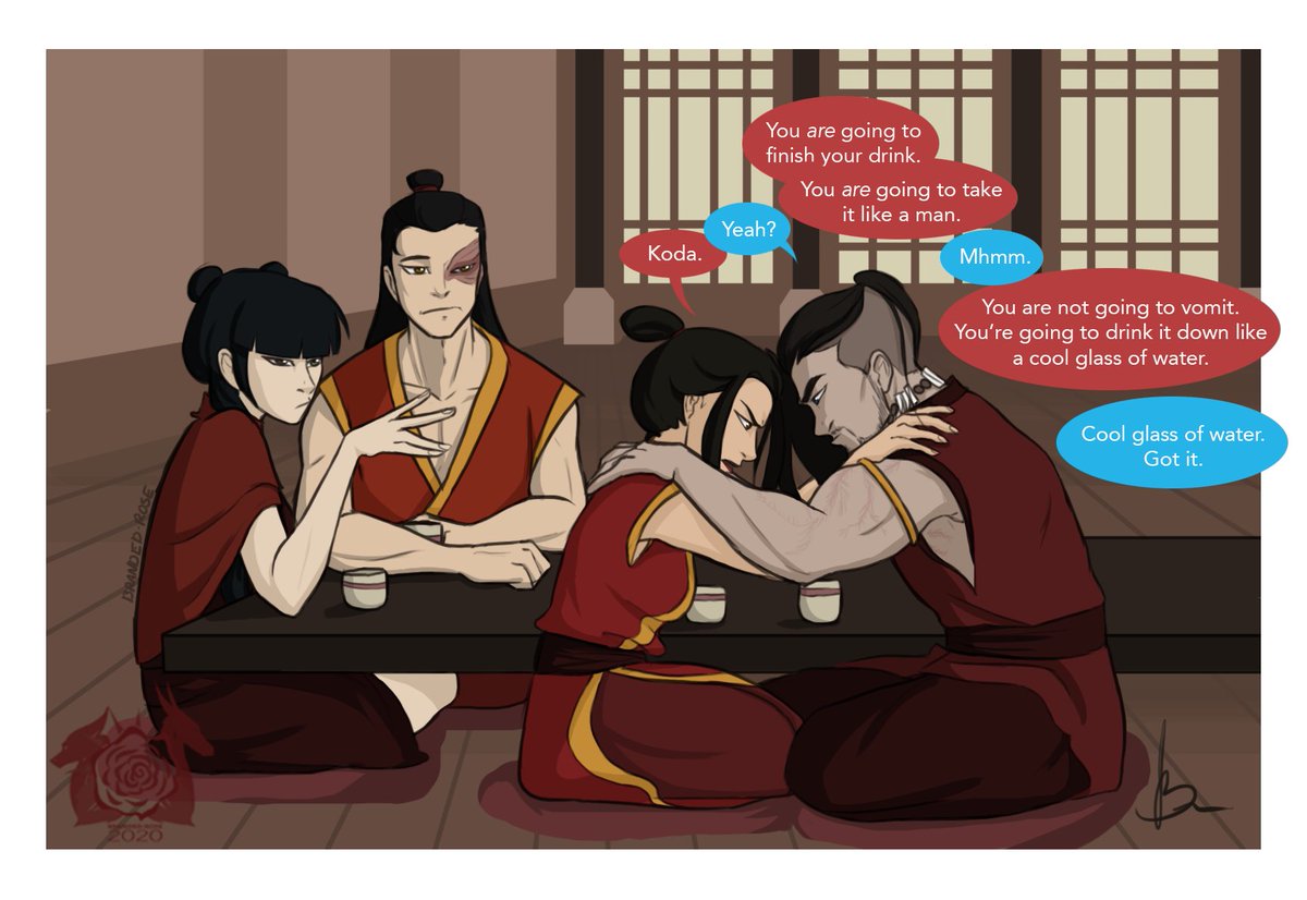 BrandedRoseArt's tweet photo. Drinking games on Ember Island can get pretty intense, lol.

Too bad for Azula, Mai is the reigning champion.

#Avatar #Azula #Mai #Zuko #BrandedRose https://t.co/jb0GYj9krX