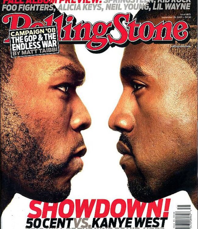 The Iconic Rolling Stone Magazine CoverWhen Kanye West pushed the release of “Graduation” up to Septemeber 11th, the hip-hop world was stunned. To add additional hype to this incredible sales battle, the two artists were featured on a “weigh-in” inspired Rolling Stones cover