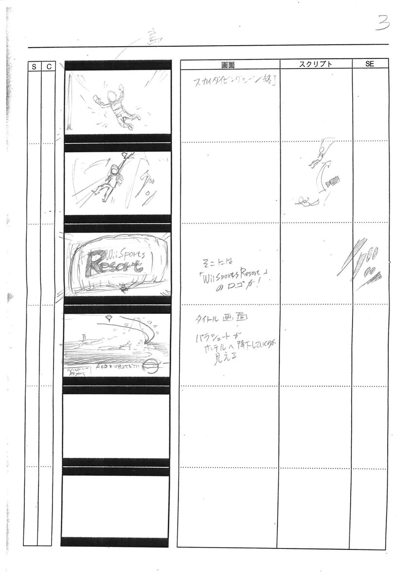 Animation storyboards for the Wii Sports Resort initial opening players get on first getting the game, with the sky diving and title card and all!