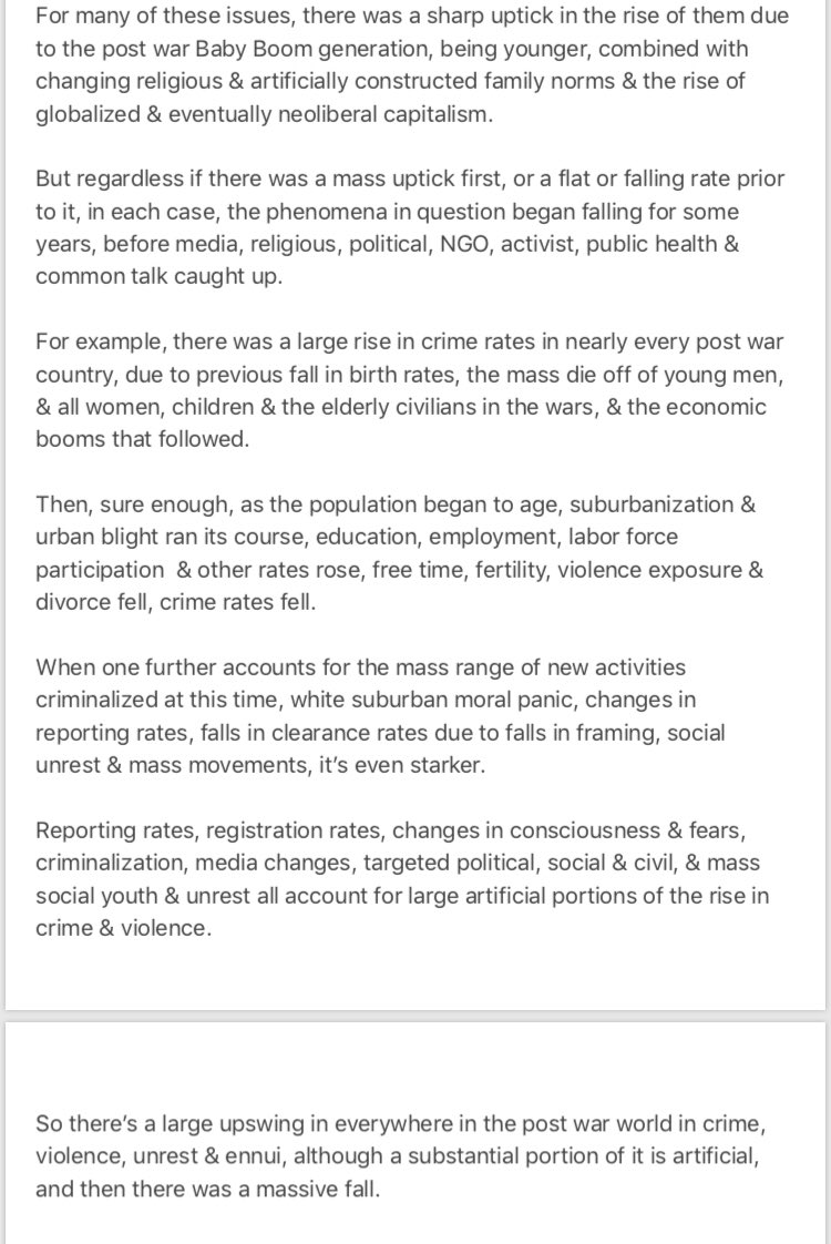 For each, falls in the rate of crime & violence rates, drug use rates, teen pregnancy, divorce, trafficking, IPV, smoking, drinking, high school drop out rates, & the ‘poverty draft’, all started occurring *before* the moral panic started. Just look at marriage/divorce