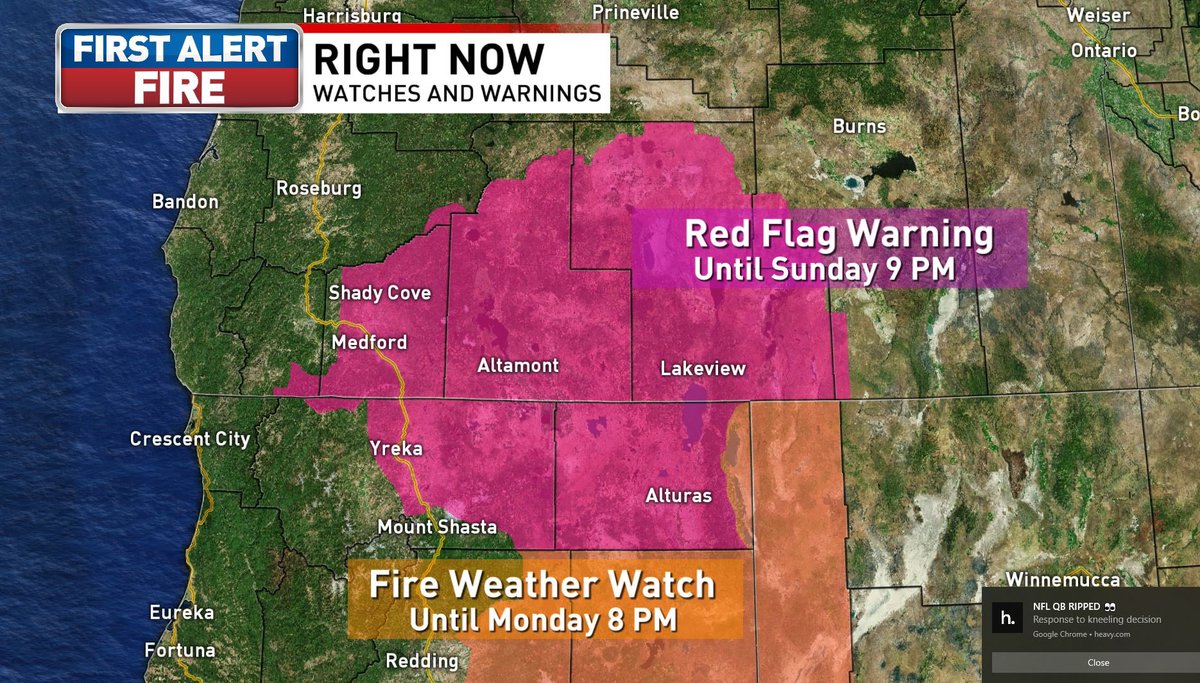 AliVFleet's tweet photo. RED FLAG WARNING in effect for Southern Oregon &amp; NorCal and FIRE WEATHER WATCH for NorCal for Sunday #CAwx #ORwx #firewx #TableOverpassFire #ObenchainFire #GlendowerFire #AlmedaFire https://t.co/zec5QOMcVf