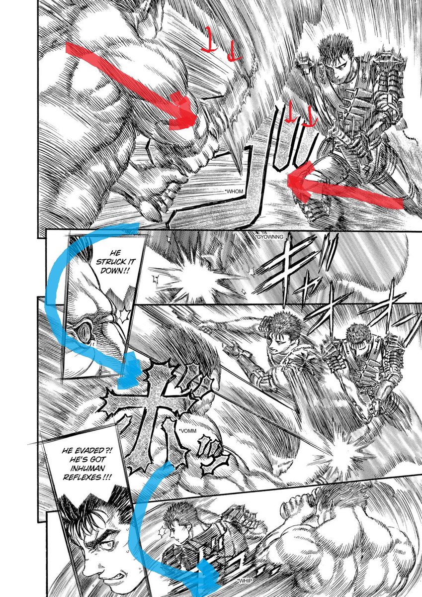 The fight resumes with a clash of swords, the impact in the first panel is increased by the opposing action lines.Miura is already showing us in the first panel who has the advantage by placing the Dragon Slayer in a dominant position compared to Zodd's sword and swinging down