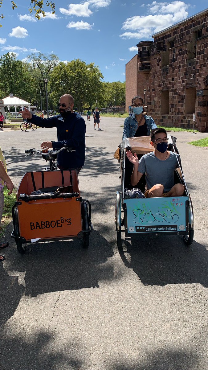 Co-organizer and the first bakfiets owner I ever met,  @Choresh2 with family and their  #christianabikes and friends with a  @babboe_bakfiets - these are called trikes. They have 3 wheels so you never have to put your feet down.