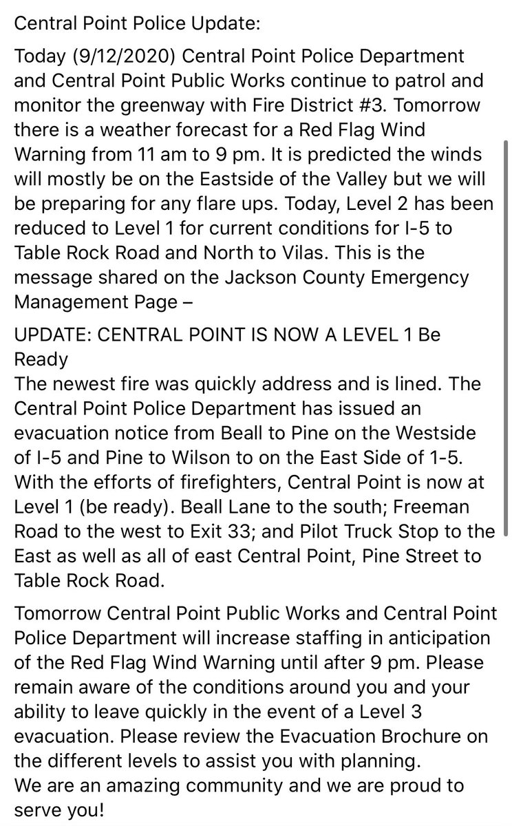 MedfordALERT's tweet photo. BREAKING: #CentralPoint is now  been downgraded (good thing!) to LEVEL 1.

Statement from CPPD.
#TableOverpassFire #ObenchainFire https://t.co/nlCEngaxY9