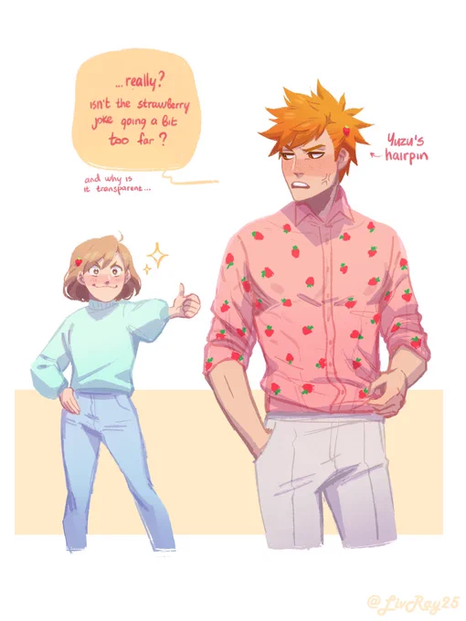 in order to win a bet ichigo has to wear clothes that his sisters pick for a week
too bad he didn't took into account that his sisters are Twitter gremlins
#bleach #grimmichi 