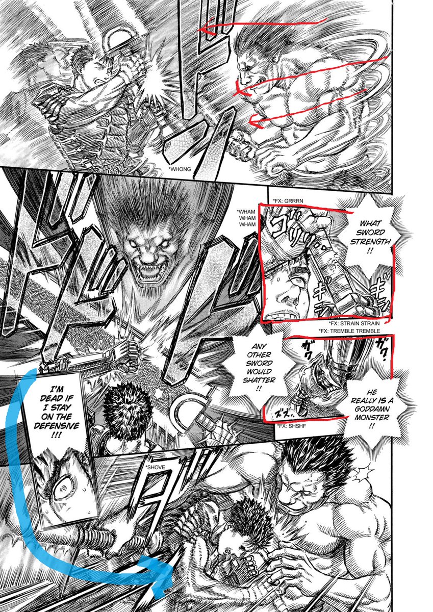 Now it's Guts's turn to feel trapped on the left side!The attacks coming from Zodd follow the panel flow now so they appear faster but less strong. It's maybe why Miura felt the need to use the next three panels for Guts saying how strong Zodd is. Similar escape to last page.