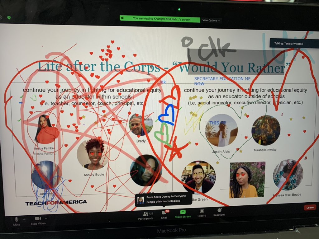 BeyondADouglas's tweet photo. Today, I had the pleasure of building community 😌 w/ @TFAMetroAtlanta 2020 corps. We played a game of “Would you rather?” where CMs used #Zoom’s annotation feature to chart their thinking. S/o to my facilitator Tenicia Winston 🙌🏿#community  #teaching #leadershipdevelopment #ed https://t.co/PKA1DlkD2d