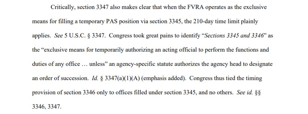 On the actual merits of the challenges to Wolf's appointment, Judge Xinis agreed with the government that the FVRA's 210-day limit and remedies apply only to FVRA appointments, and NOT to appointments under agency-specific succession statutes.cc:  @AJosephOConnell  @steve_vladeck