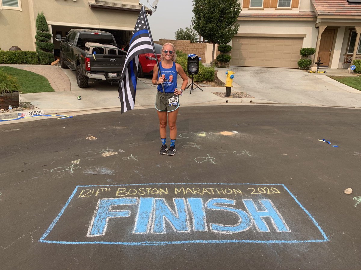 Megan Hubachek, wife of an RSO Deputy. Today she ran the virtual Boston Marathon while wearing a shirt in honor of PSPD Officers Gil and Lesley and carried a Thin Blue Line flag honoring the sacrifice officers make. Thank you Megan! #bostonmarathon2020 #RSO #RSA #pspd #police