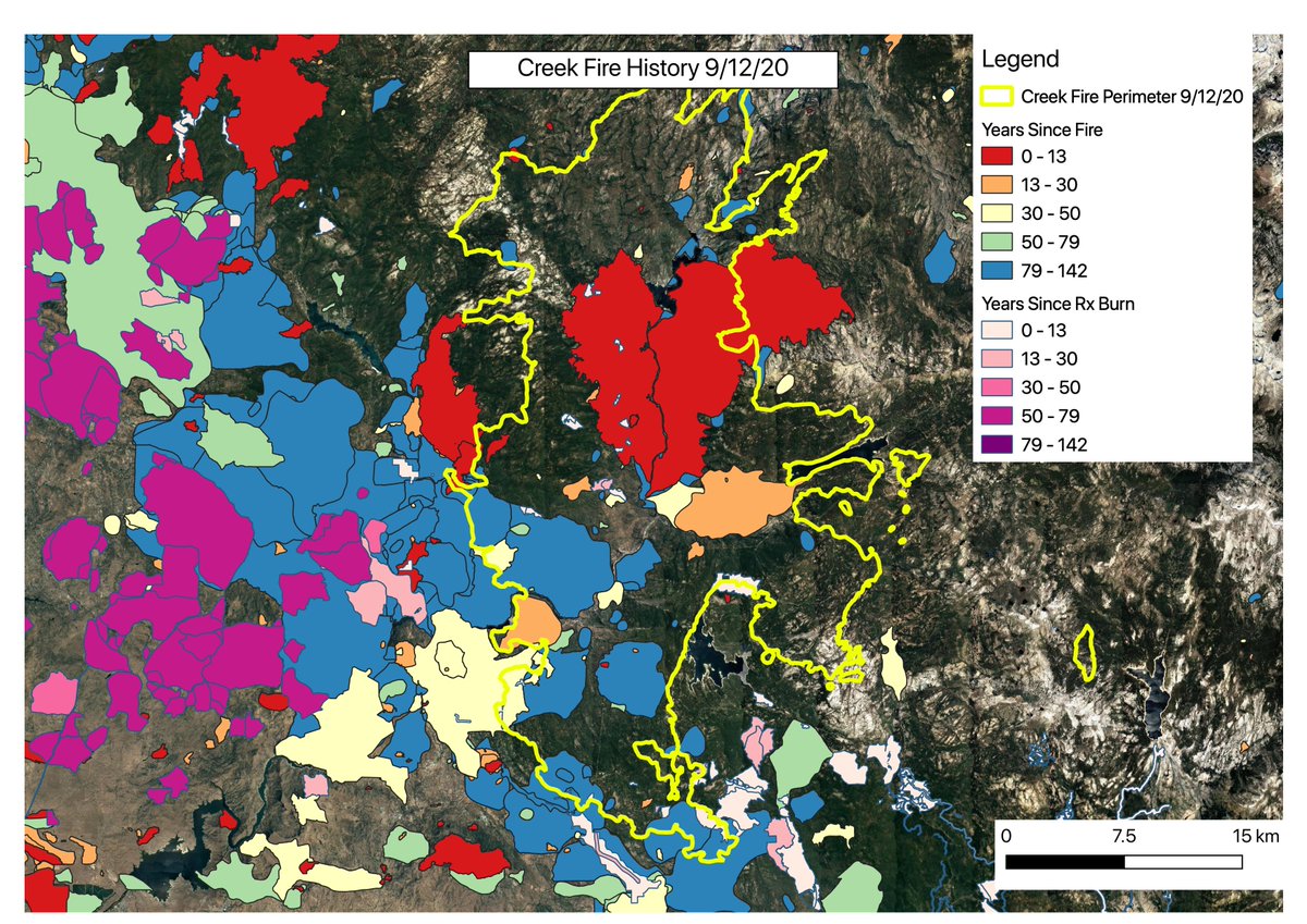 Finally, the Creek Fire. A large of area of very recent fire in the middle, but mostly unburned for a long time.