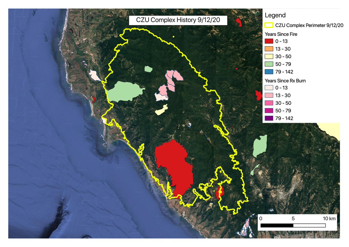 Here's our Big Basin Fire, the CZU Complex. Strikingly different from something like the LNU or SCU. Except for a large fire from 2009 and a small area of prescribed burning, almost completely unburned in many many decades, likely over a century.