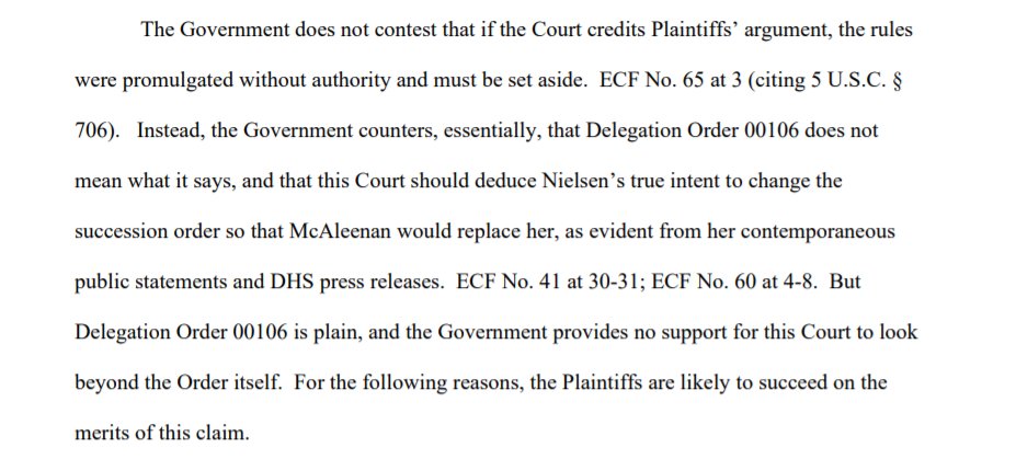 However, Judge Xinis directly rejected the government's argument that the errors in the appointment of Kevin McAleenan should be ignored and Secretary Nielsen's intent is the only thing that matters. As a result, she found that McAleenan was unlawfully appointed, and so was Wolf.