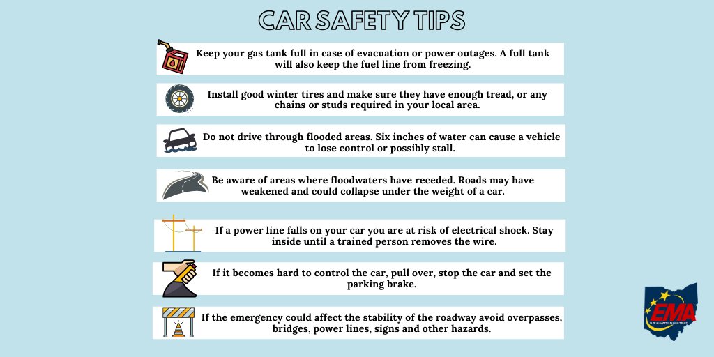 Ohio_EMA's tweet photo. Emergencies can happen when youβre out on the road, here are a few car safety tips to follow! #BeReady #DisastersWontWait #NPM2020 https://t.co/e7or4yqcsb https://t.co/BErKxxQMN6