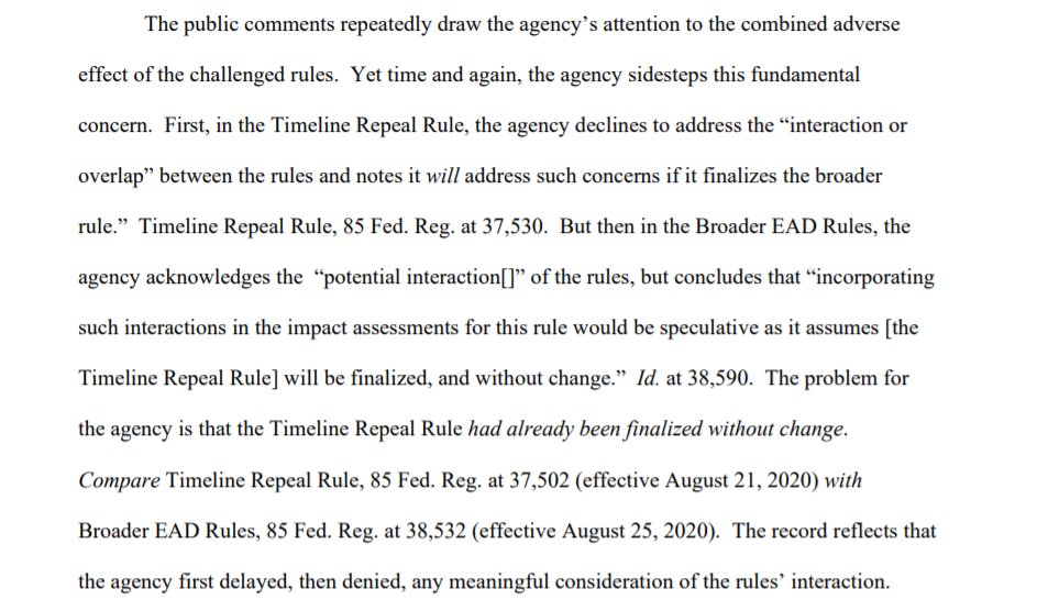 On APA grounds, Judge Xinis's opinion supports a major issue that will arise with the monster asylum reg and the COVID-19 asylum ban reg; the agency can't published a bunch of different rules, all of which interact with each other, and then refuse to consider their interactions.