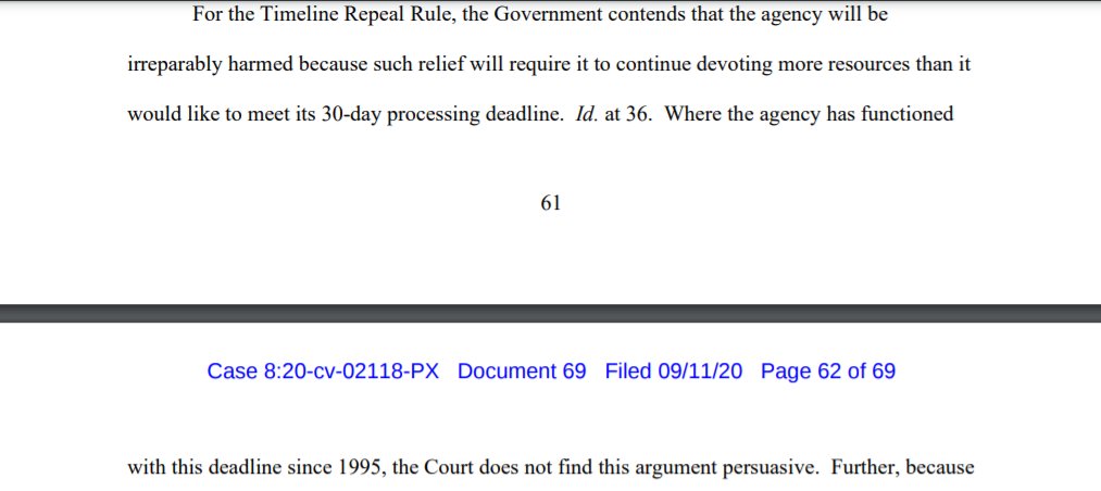 Judge Xinis also rejected the government's ridiculous claim that it would be irreparably harmed if forced to follow deadlines that have been in place since 1995.