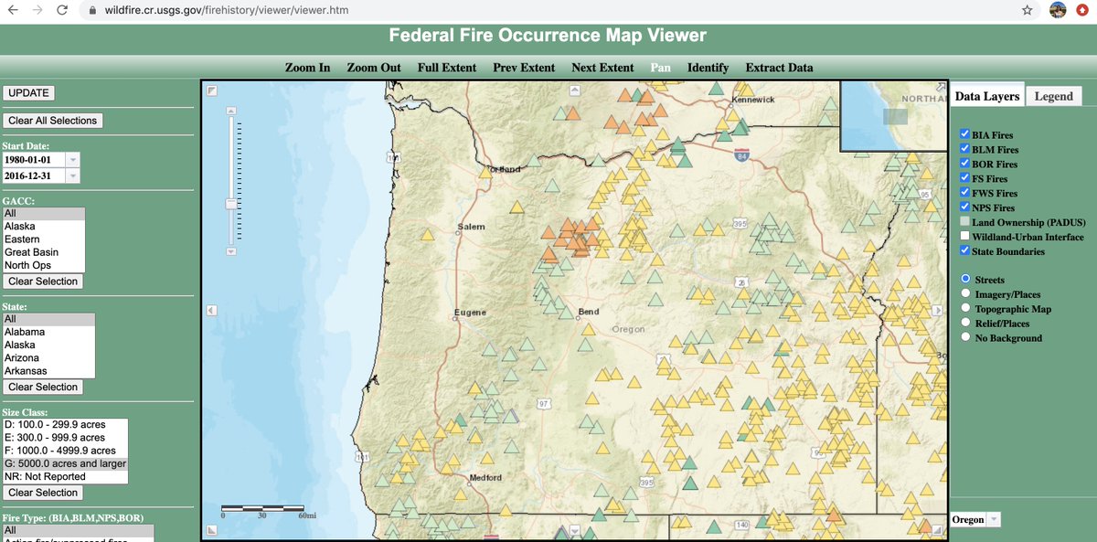 Here are maps showing all fires 5000 acres or larger in Oregon from 1980 - 2016 and where  #OregonWildfires2020 are now. Note the locations of clusters.