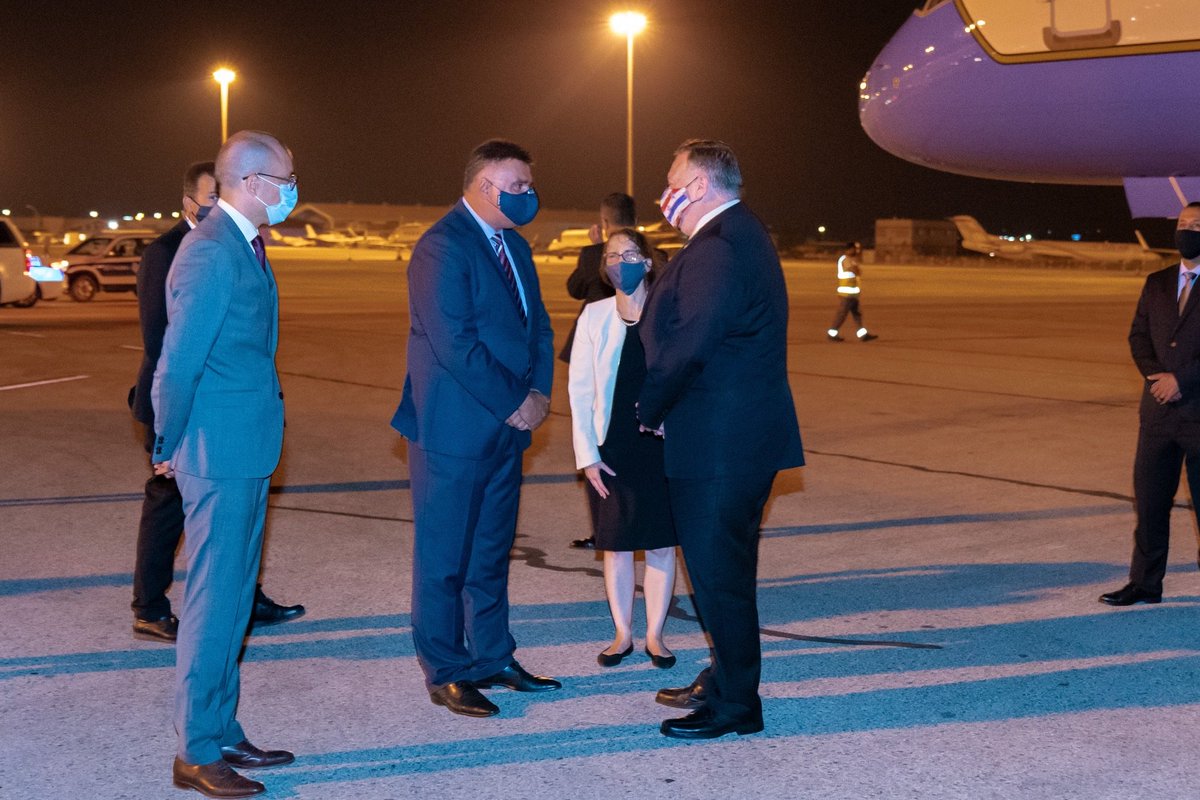 SecPompeo's tweet photo. Pleased to have landed in the beautiful Republic of Cyprus, one of the United States' most valued partners for security, stability, and prosperity in the Eastern Mediterranean. Looking forward to a productive visit. https://t.co/bPilxeQ1DS