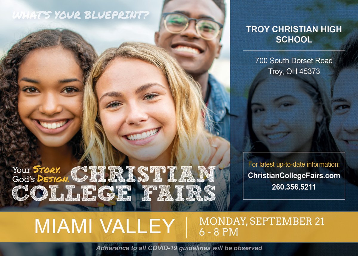 Save the date for the Miami Valley Christian College fair at Troy Christian Monday 9/21, 6pm-8pm in the HS Gym.

myblueprintstory.com/christian-univ…

#calvinuniversity #discoverCIU #CUAA #WhatMattersCU #wearecrown #IndWes #JudsonAwesome #weareNGU #LipscombLEADS #springarboru #tayloru