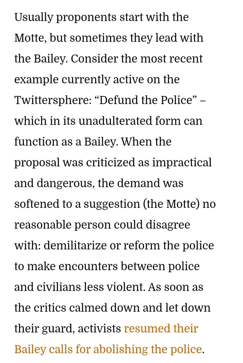The "Bailey" is the position its advocates really want but which most oppose. The "Motte" is the position they pretend to have when they get too much heat for expressing their real position: