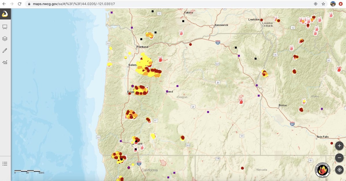 Here are maps showing all fires 5000 acres or larger in Oregon from 1980 - 2016 and where  #OregonWildfires2020 are now. Note the locations of clusters.