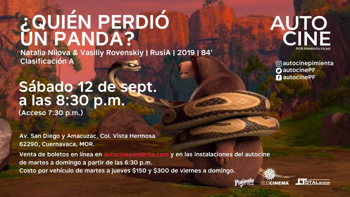 elcinemorelos's tweet photo. Hay cortesías p/hoy "¿Quién perdió un panda? " en el AutoCine Pimienta. (ver imagen)

Las personas q tengan auto y estén seguras de asistir comentar este tweet y nos pondremos en contacto por DM en caso de resultar seleccionadas.

Invita 
@ecocinemasolar  @AutocinePF https://t.co/MuXB3pI9IY