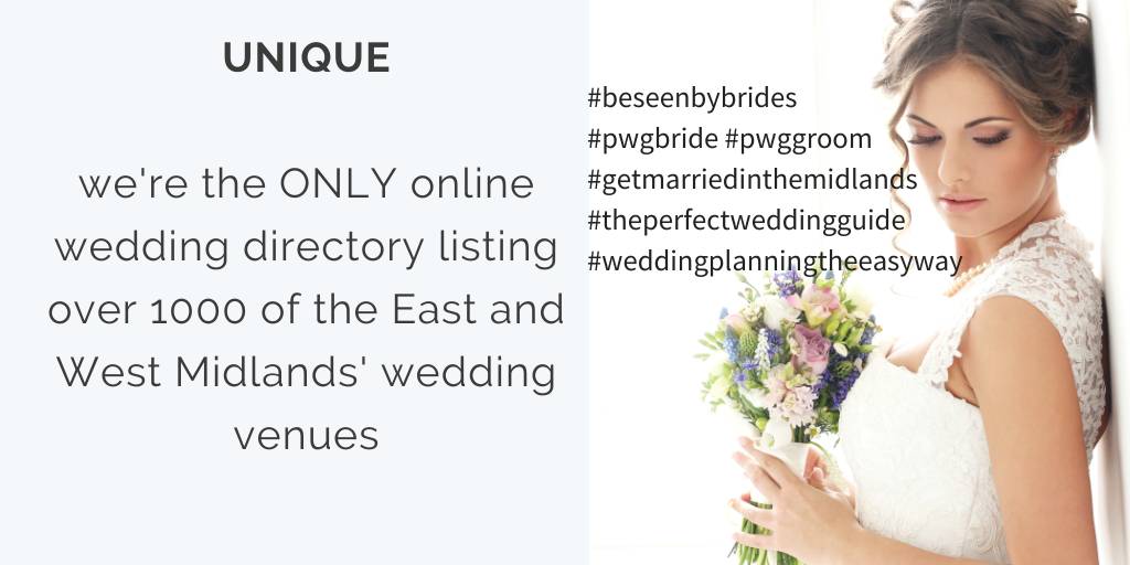 Why list in the Perfect Wedding Guide to The Midlands? Reason number 5 is that we're UNIQUE. We're the only directory with so many local wedding venues listed, many of them for free! bit.ly/3mprQ8q #beseenbybrides #weddingplanningtheeasyway