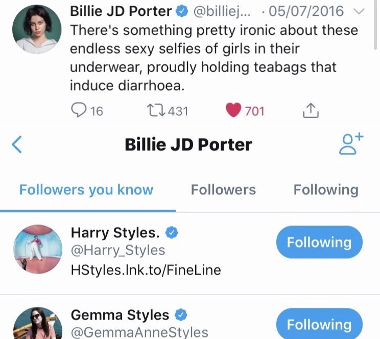 @/ harry_styles I swear you're getting on my nerves. Why would you follow the account that tweeted such a thing during the sensational promotion of excuisite tea made by your mortal enemy's gf?? Also =BLUEGREENERS. CANCELLED.